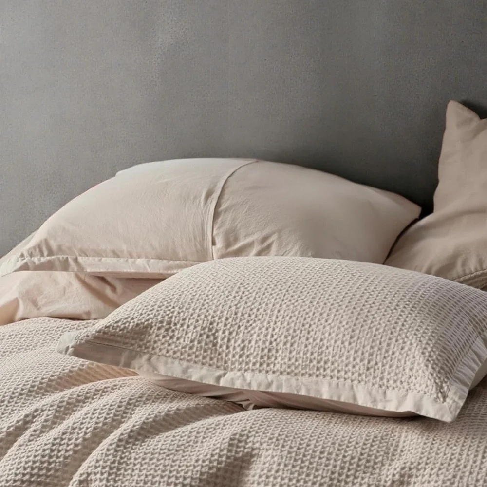 NEW West Elm Beige Waffle Weave Queen King 100% Cotton Bedding Duvet & Sham Set